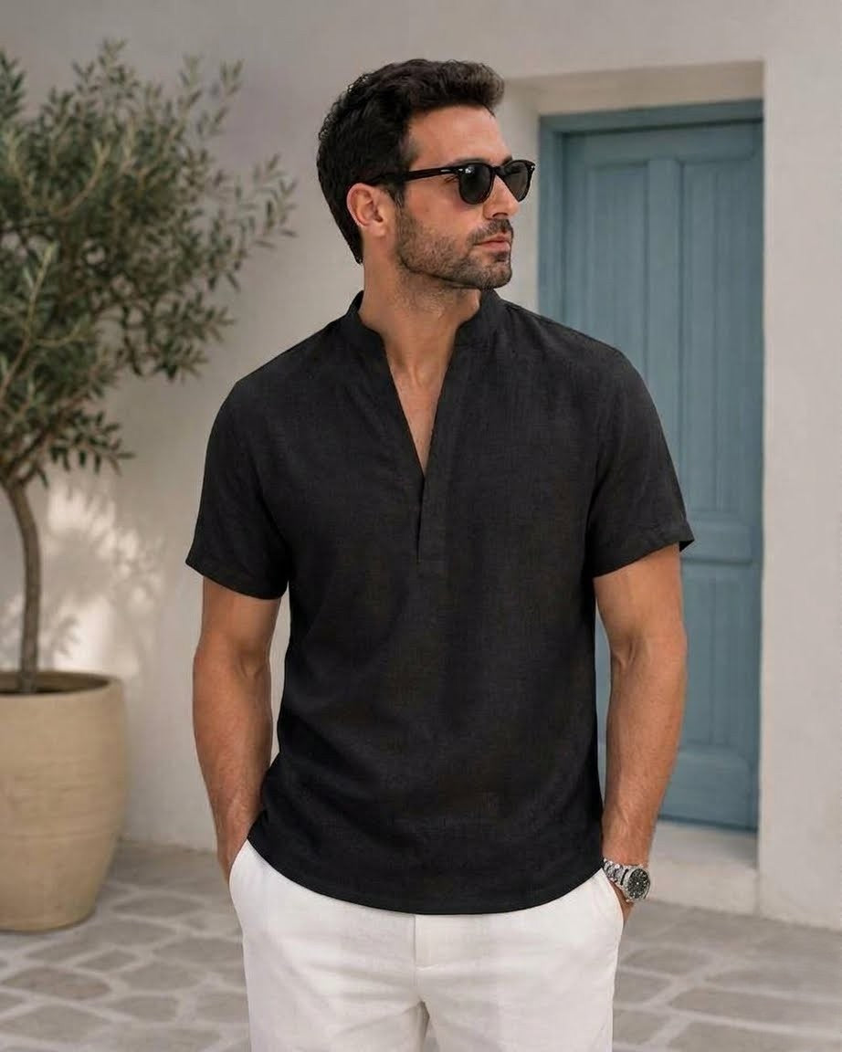 sophisticated short-sleeved linen Henley shirt