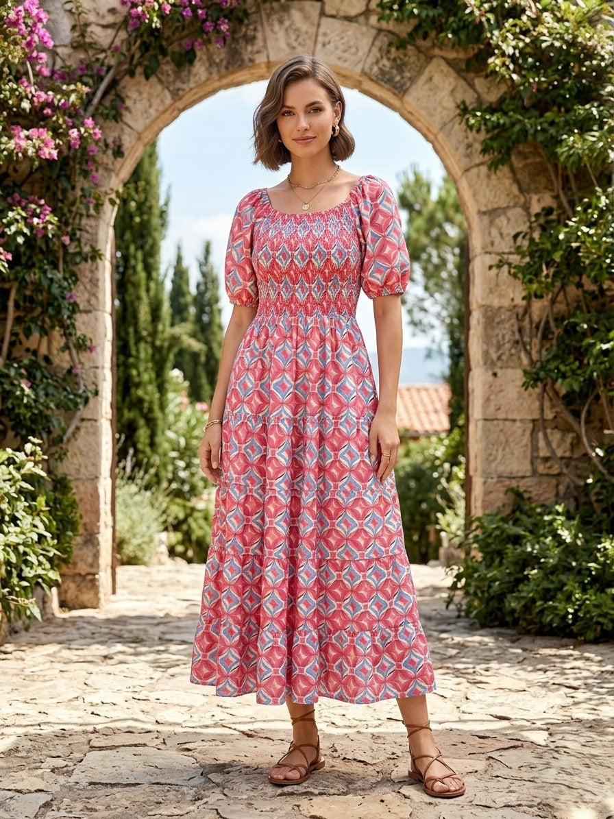 Vibrant bohemian-inspired maxi dress with eye-catching geometric tile pattern