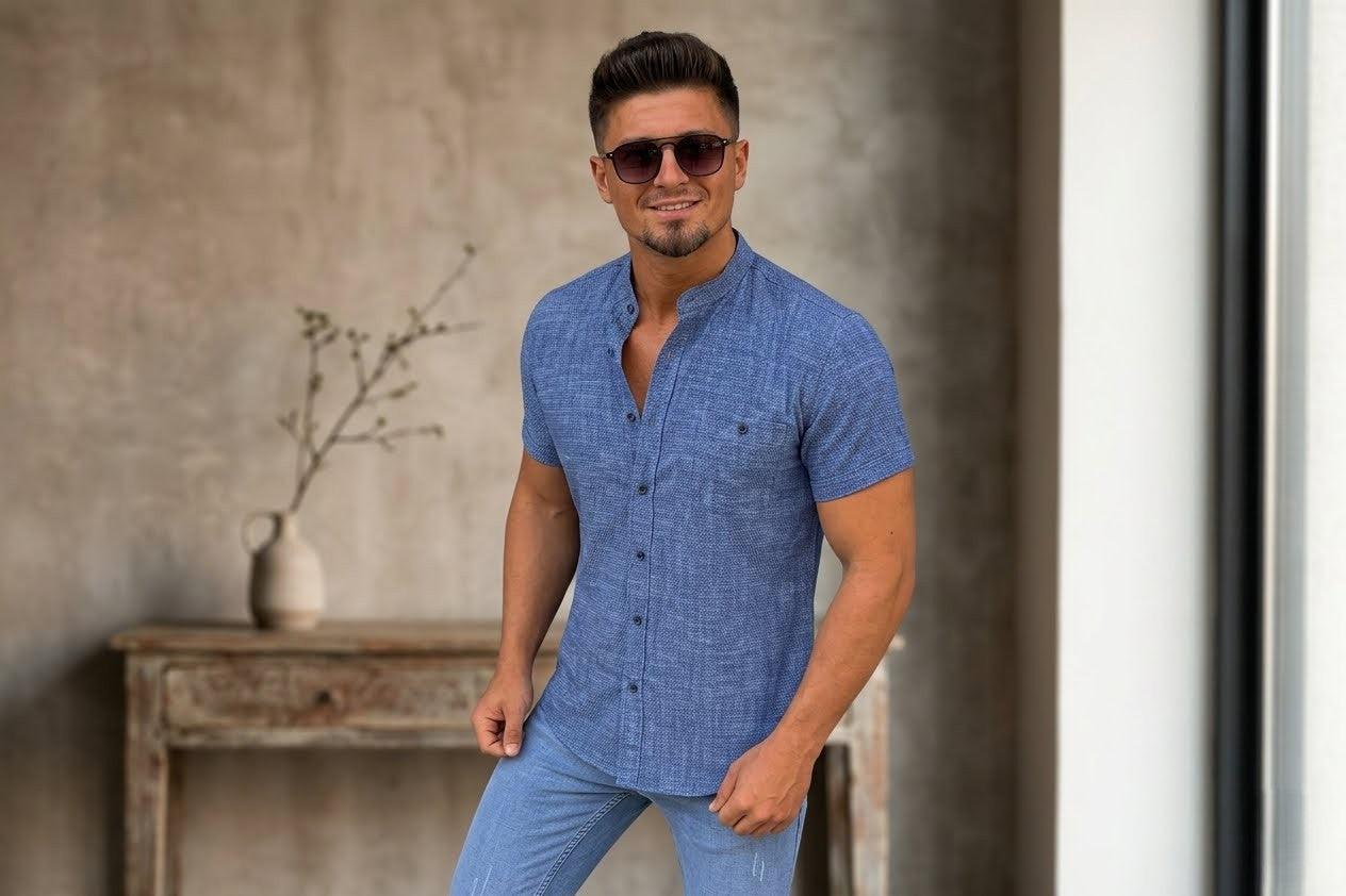 Elegant short-sleeved linen chemise - Slim fit