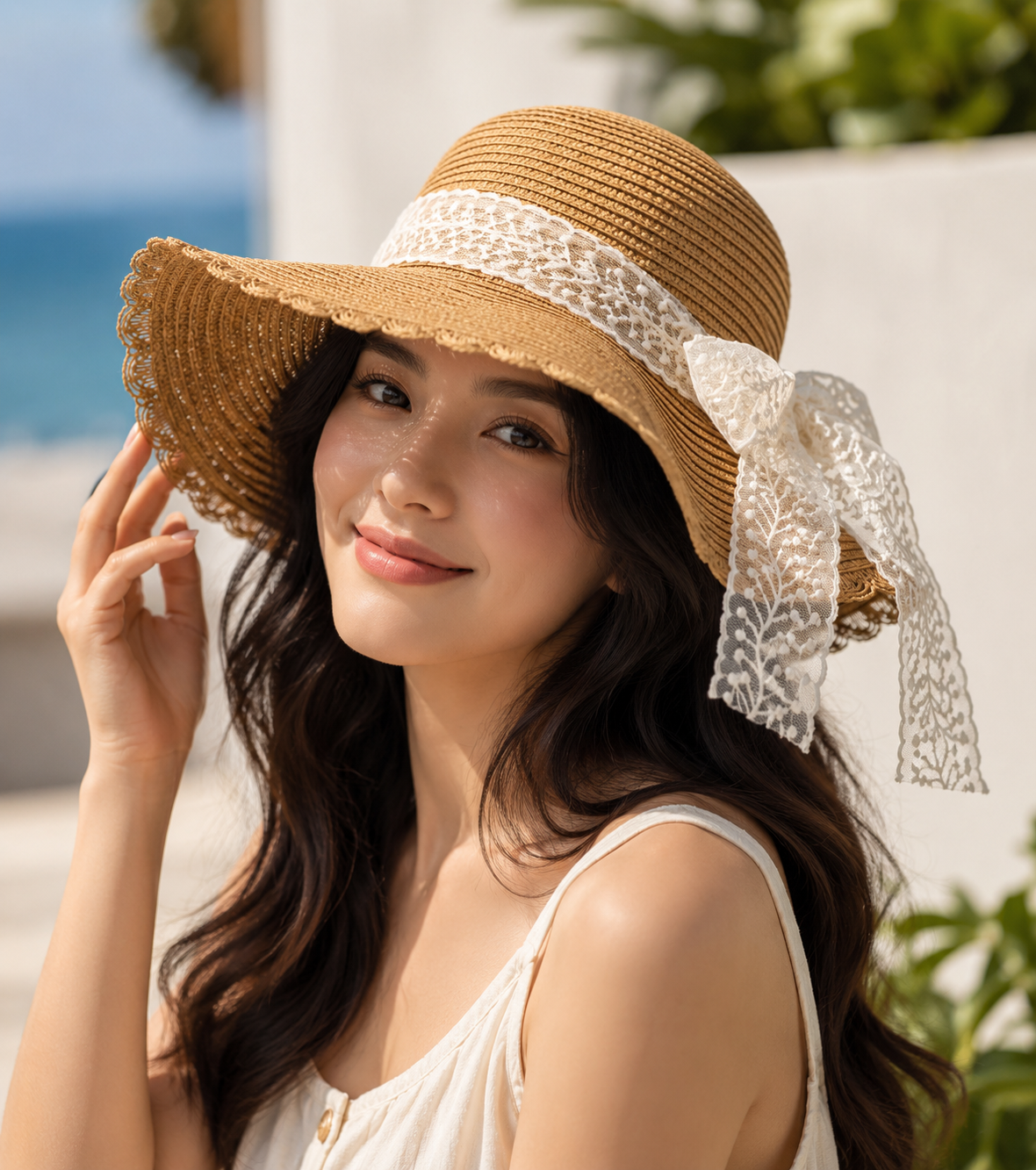 Wide-brimmed straw hat