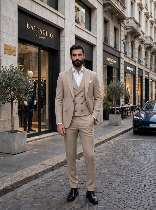 Men’s Beige Three-Piece Suit with Double-Breasted Vest
