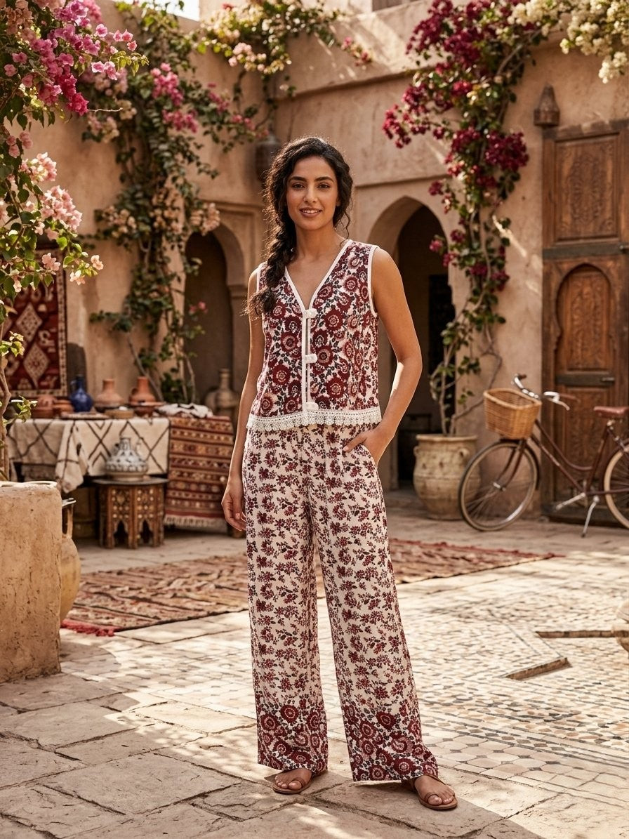 Bohemian-inspired floral print coordinated two-piece set