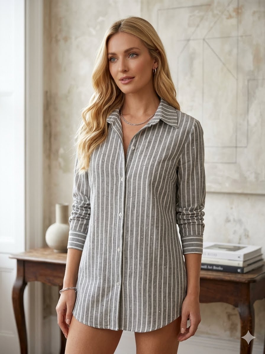 Sparkling button-down chemise shirt with strass
