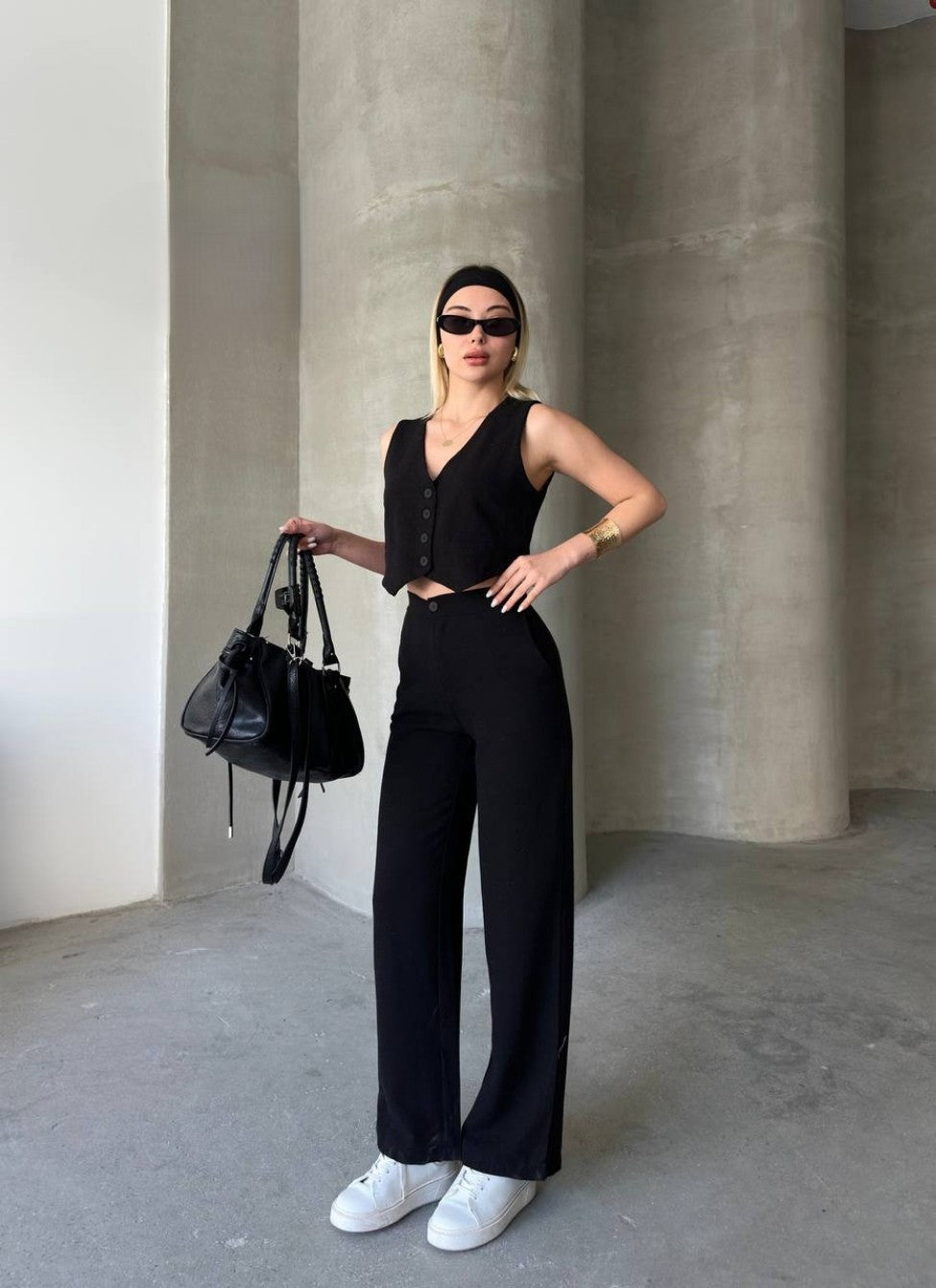 chic, monochromatic two-piece co-ord vest-wide leg set