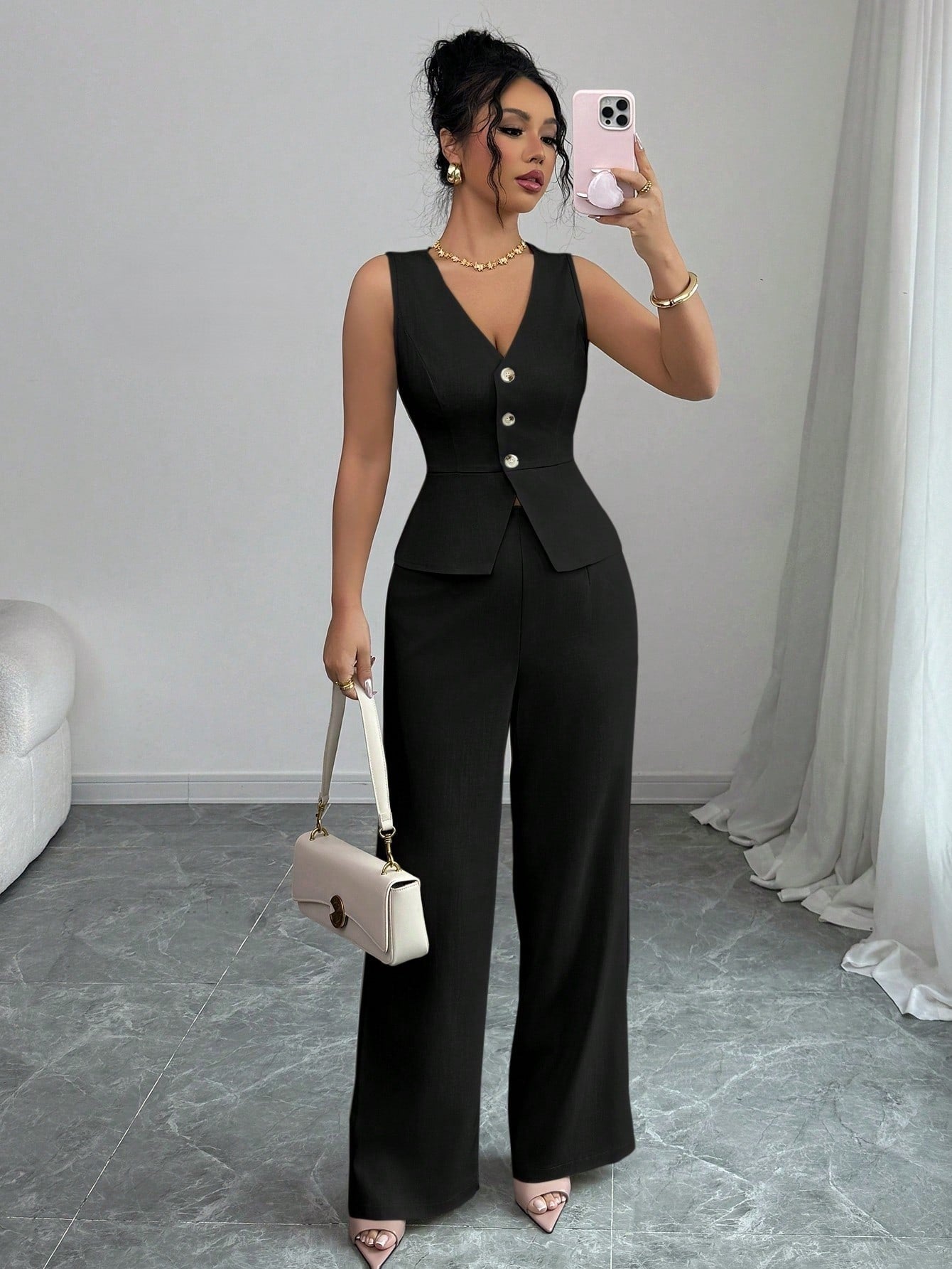 Elegant two-piece tailored vest-wide leg set