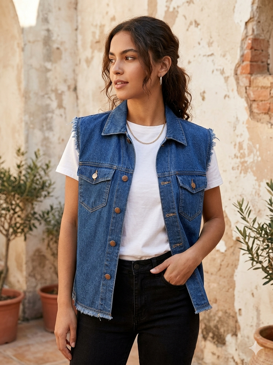 Sleeveless denim vest, or "gilet,"