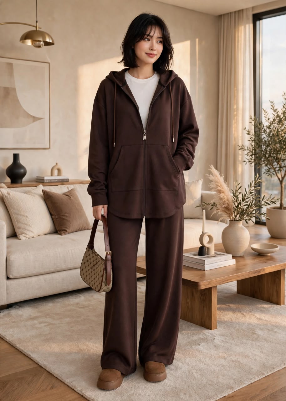 Women's Chocolate Brown Ribbed Two-Piece Lounge Set