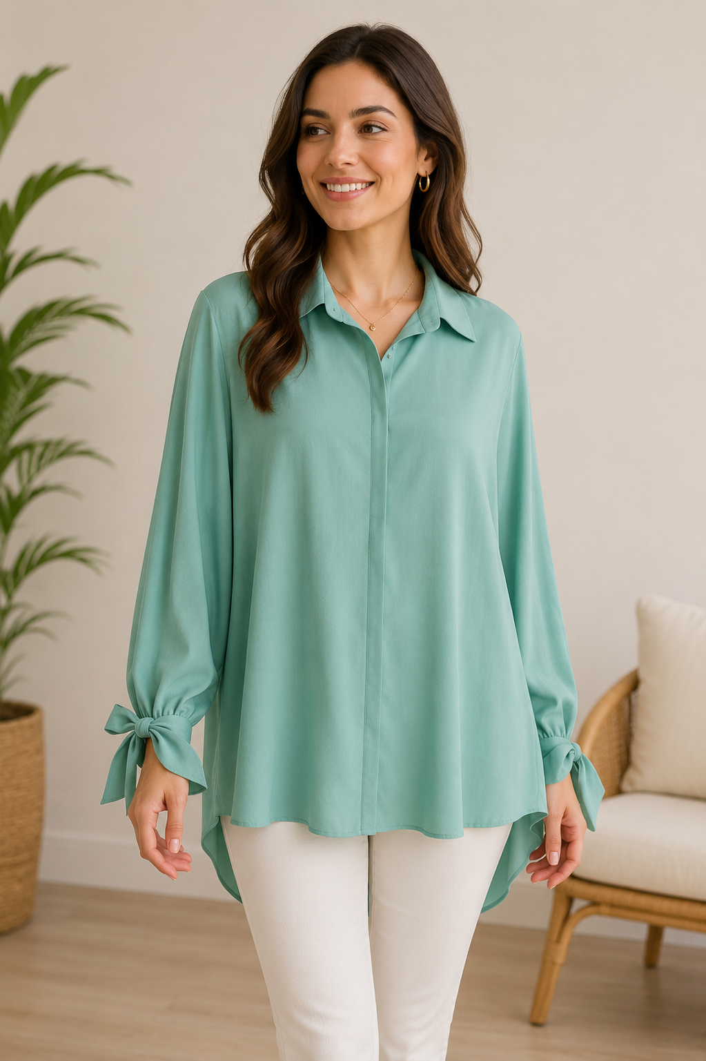 Elegant, light sage-green chemise blouse