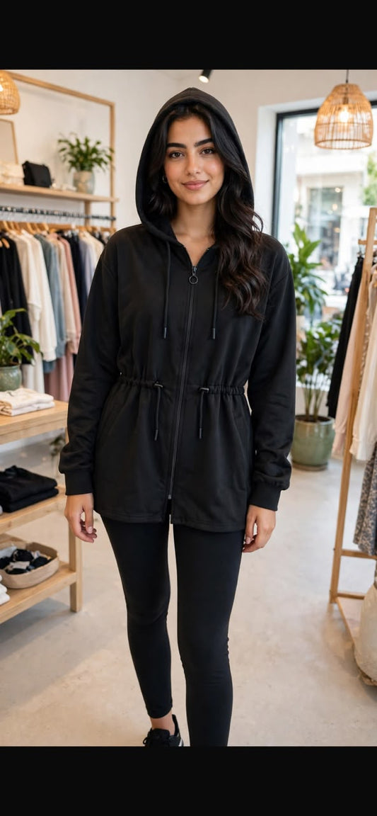 a comfortable black zip-up drawstring jacket