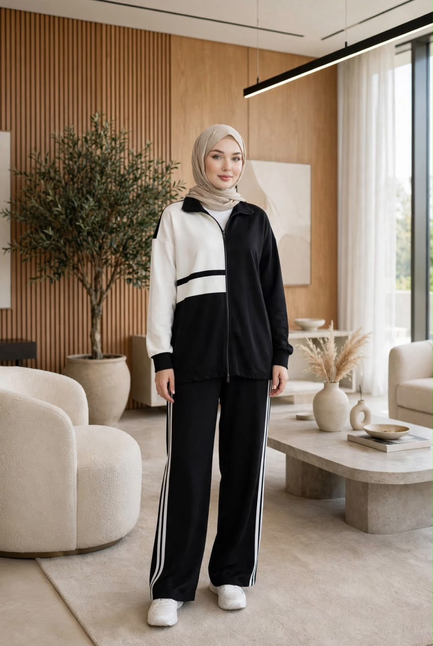 Women's Black & White Two-Piece Tracksuit Set