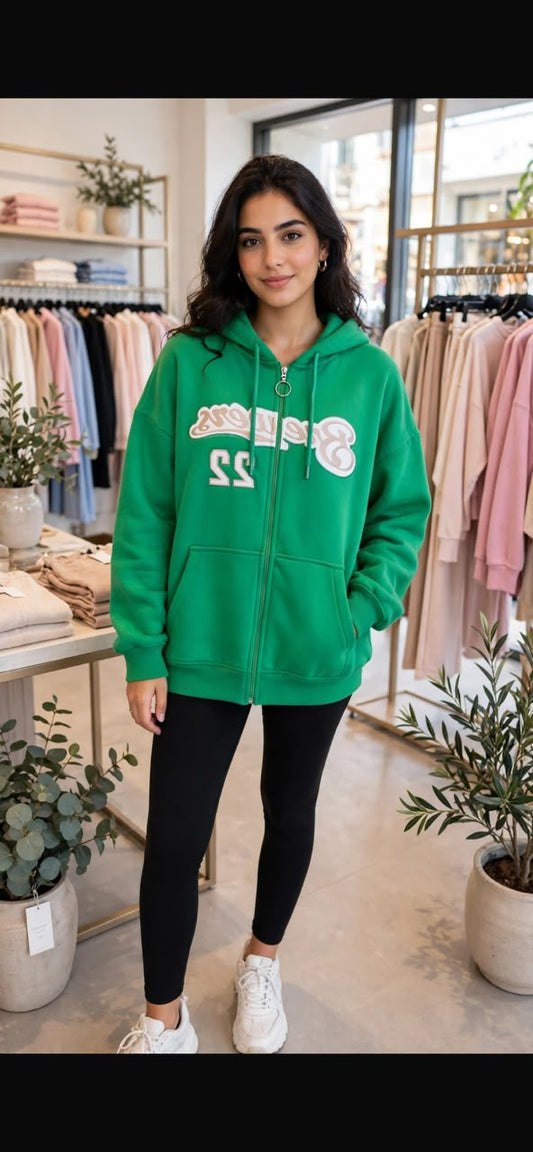 a vibrant green zip-up hoodie