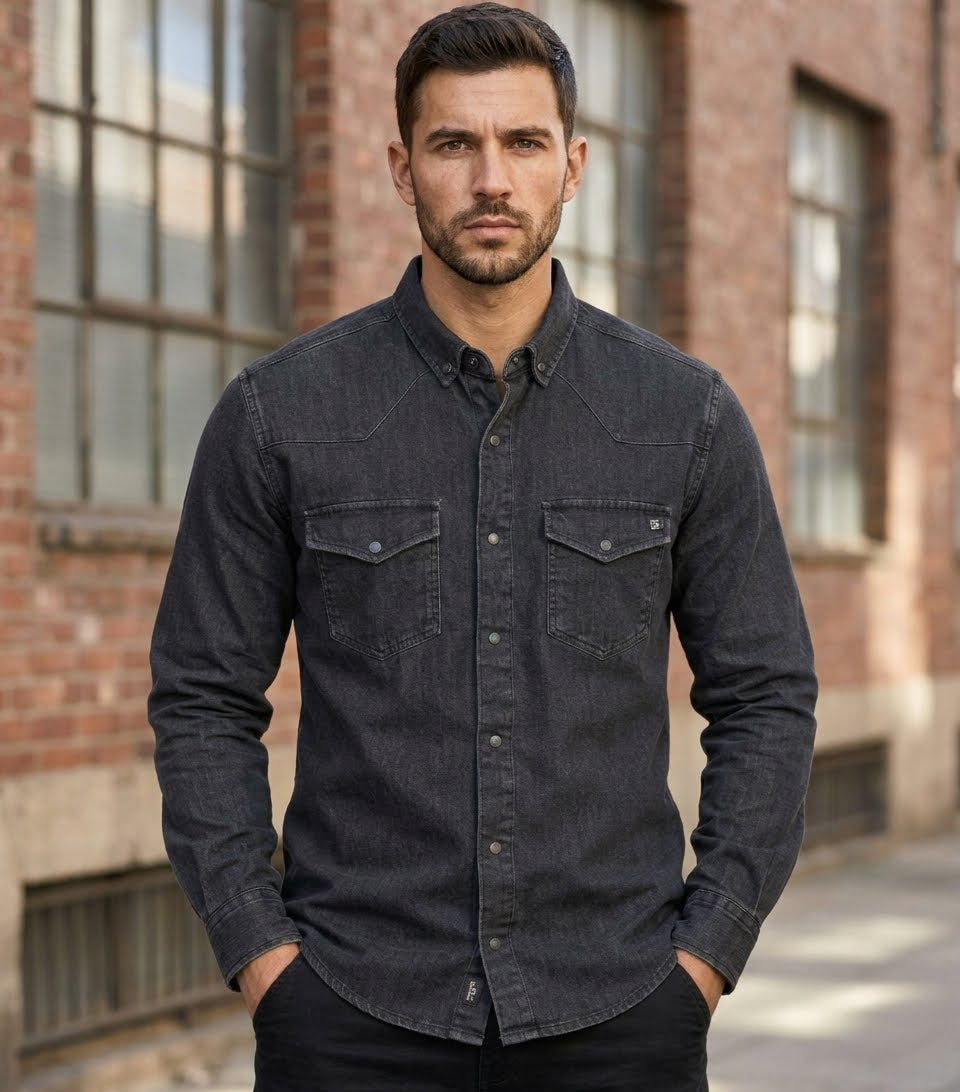 Black denim western-style shirt