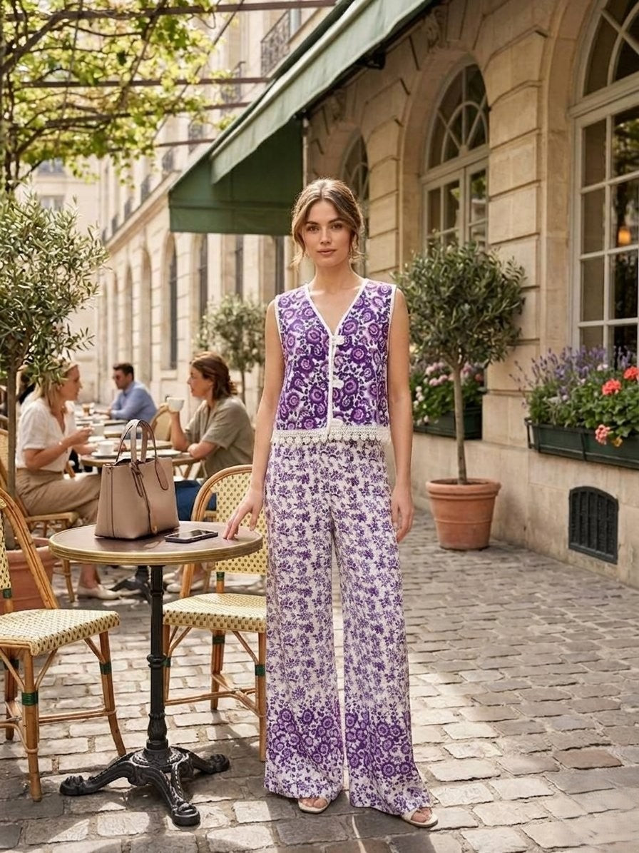 Bohemian-inspired floral print coordinated two-piece set