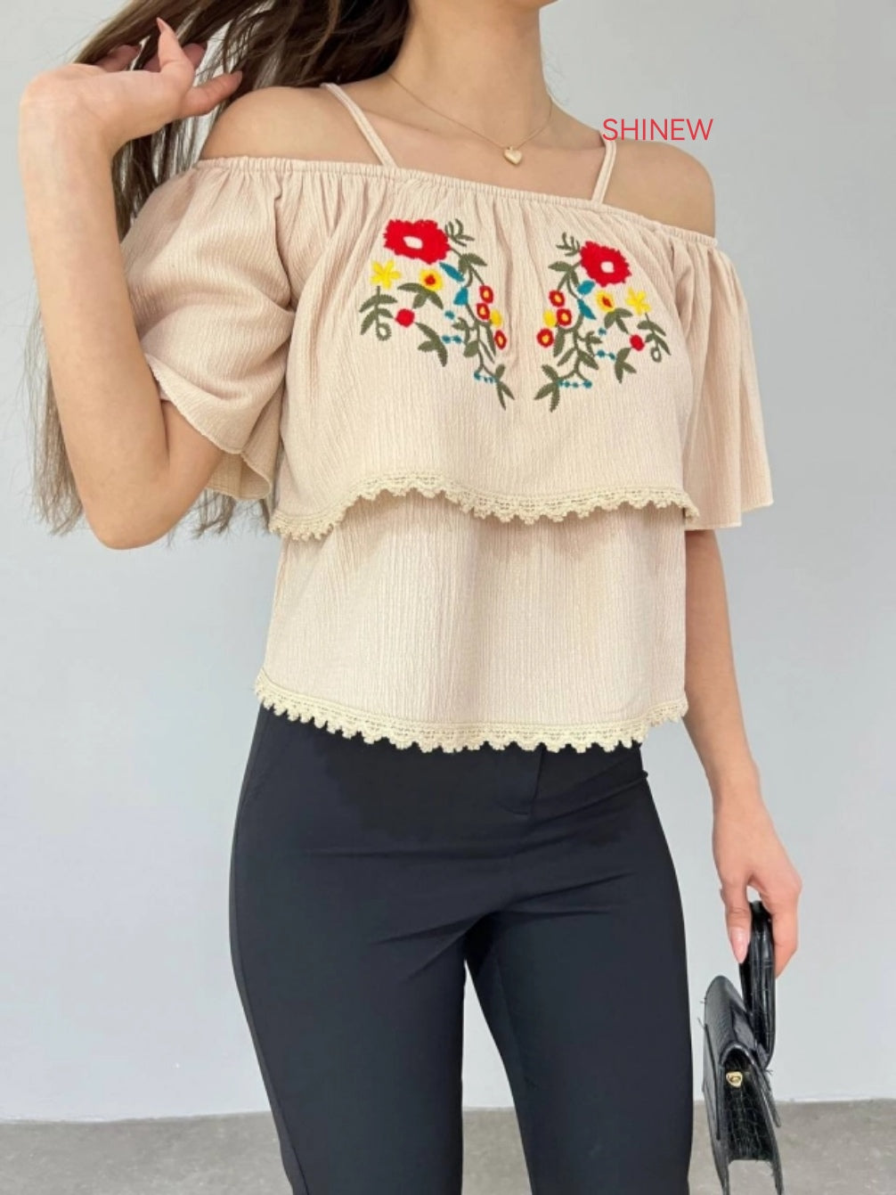 Charming beige off-the-shoulder top