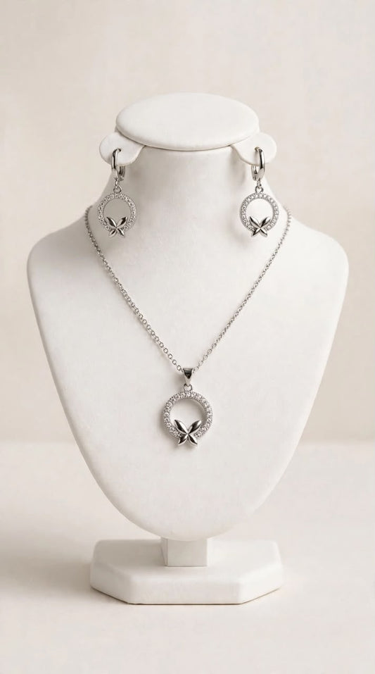 Silver-Toned Butterfly Necklace & Earrings Set