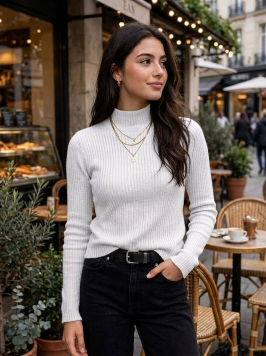 Ribbed Mock-Neck Long-Sleeve Top