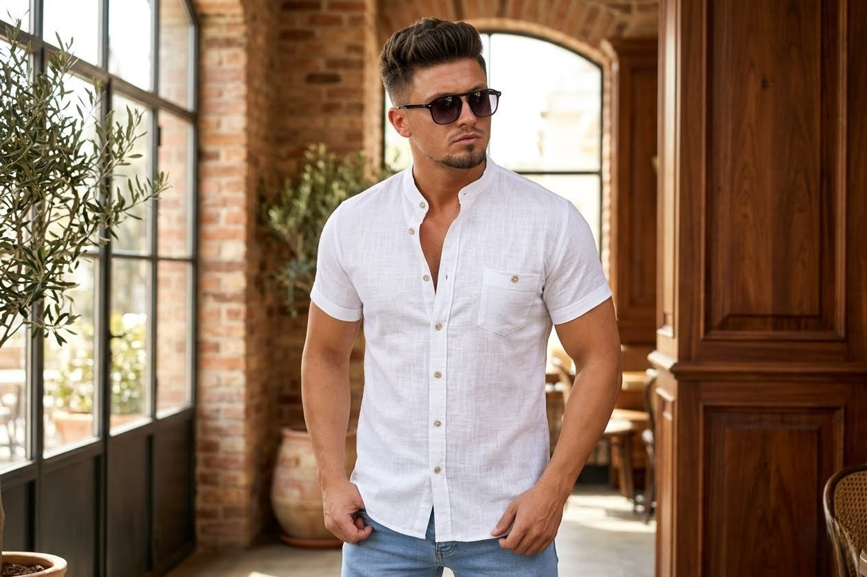 Elegant short-sleeved linen chemise - Slim fit