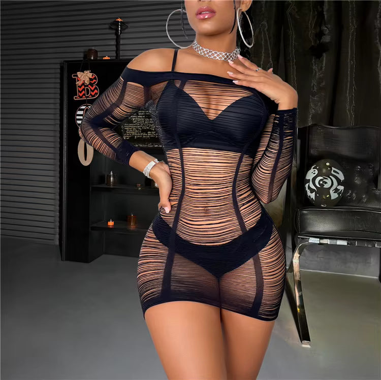 Edgy, sheer black bodycon mini dress