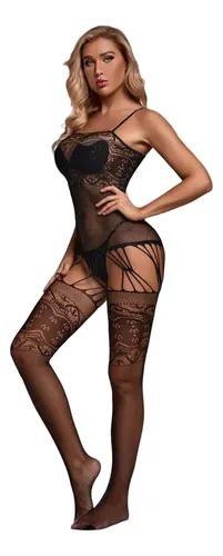 Garment is a full-body black fishnet