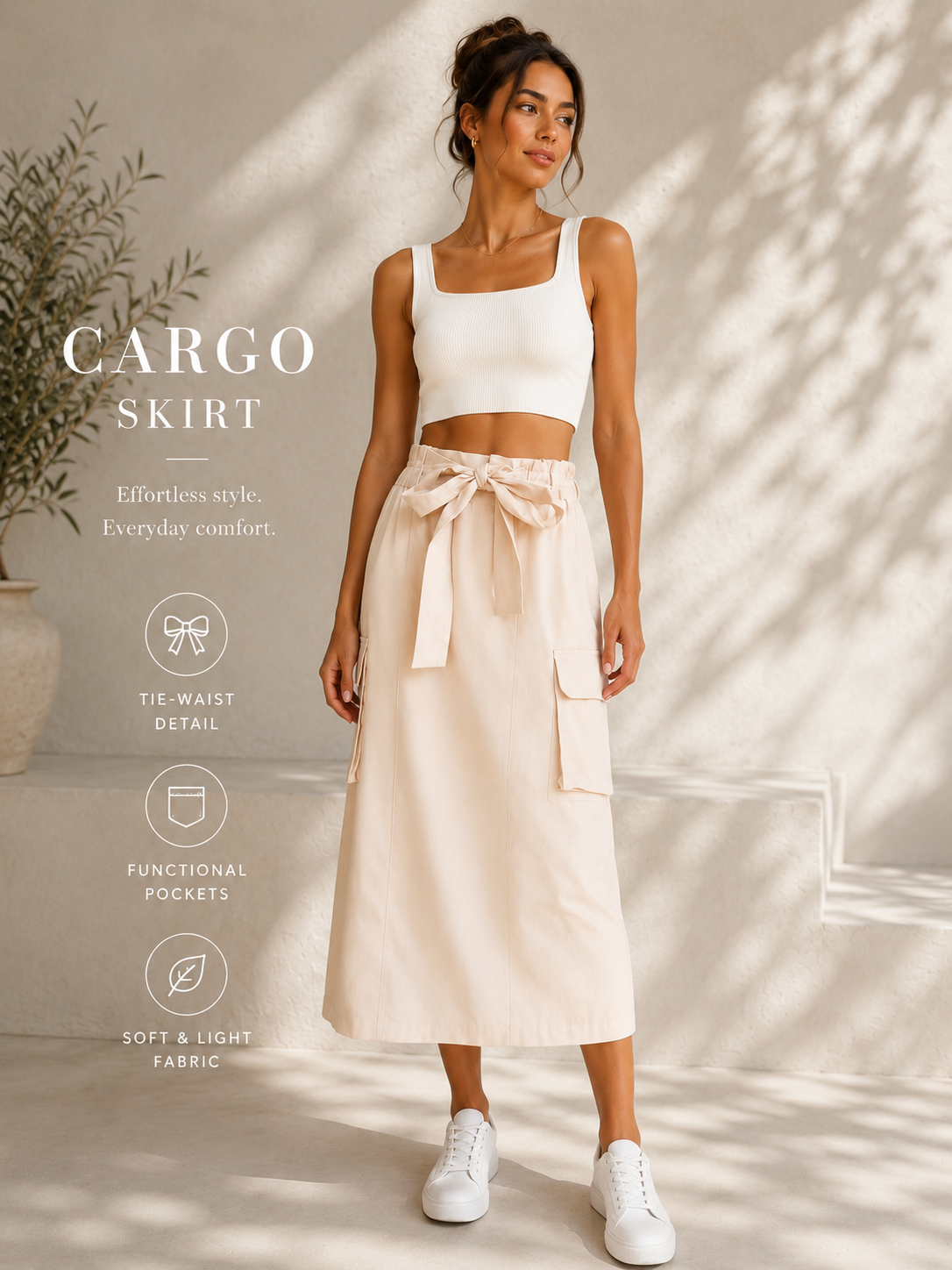 Casual, ankle-length black cargo skirt