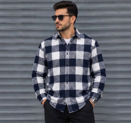 Navy blue and white buffalo plaid flannel shirt