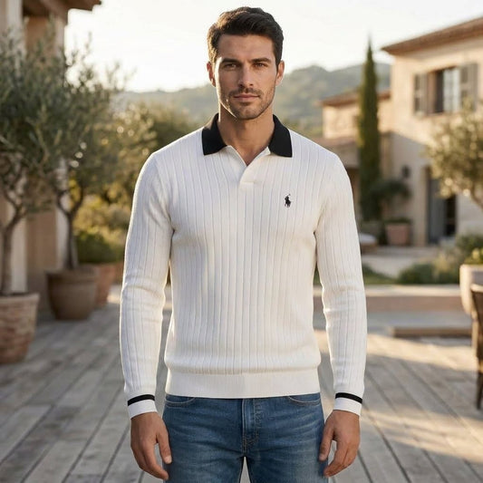 white long-sleeve knit polo sweater