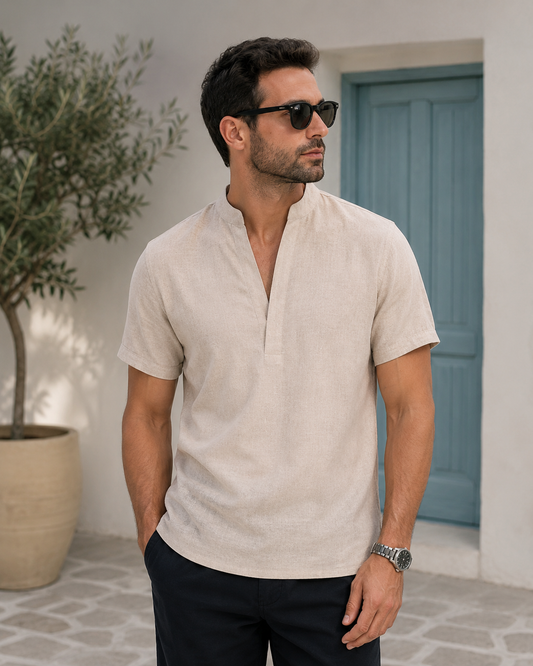 sophisticated short-sleeved linen Henley shirt
