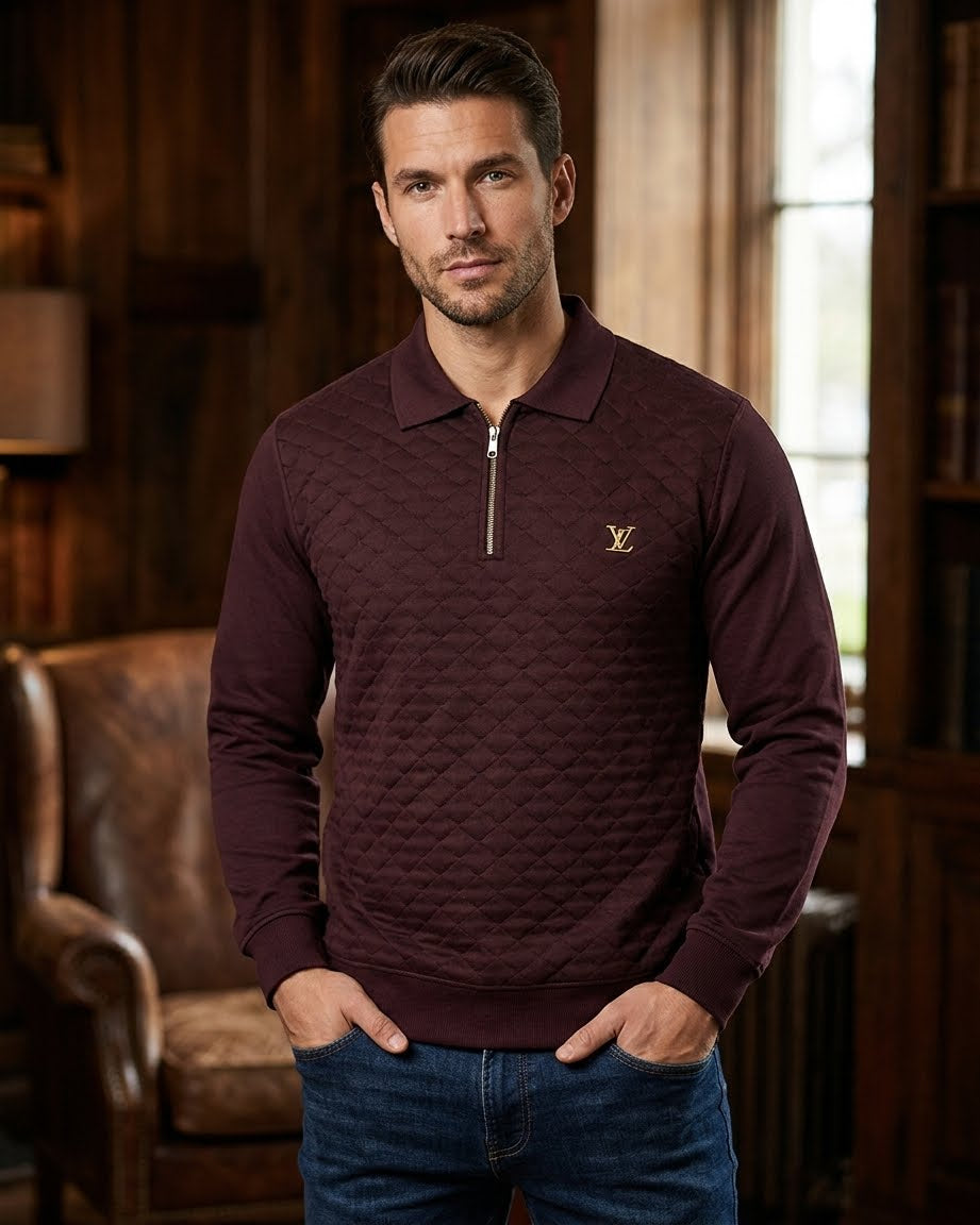Burgundy quilted quarter-zip polo sweatshirt
