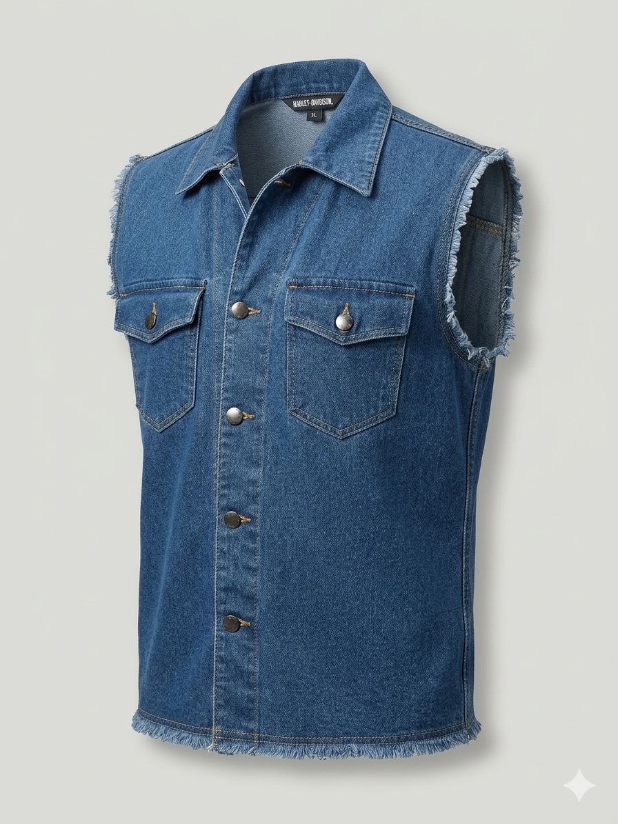 Sleeveless denim vest, or "gilet,"