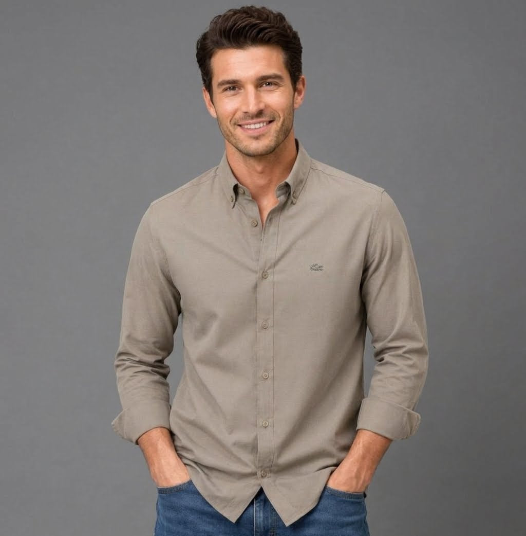 taupe long-sleeve button-down shirt