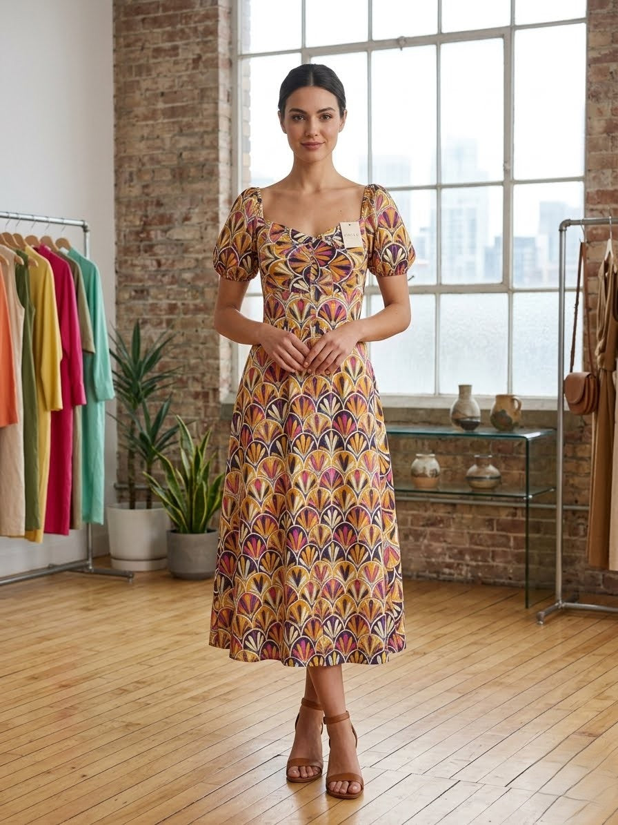 ankle-length midi Art Deco-inspired geometric fan pattern dress