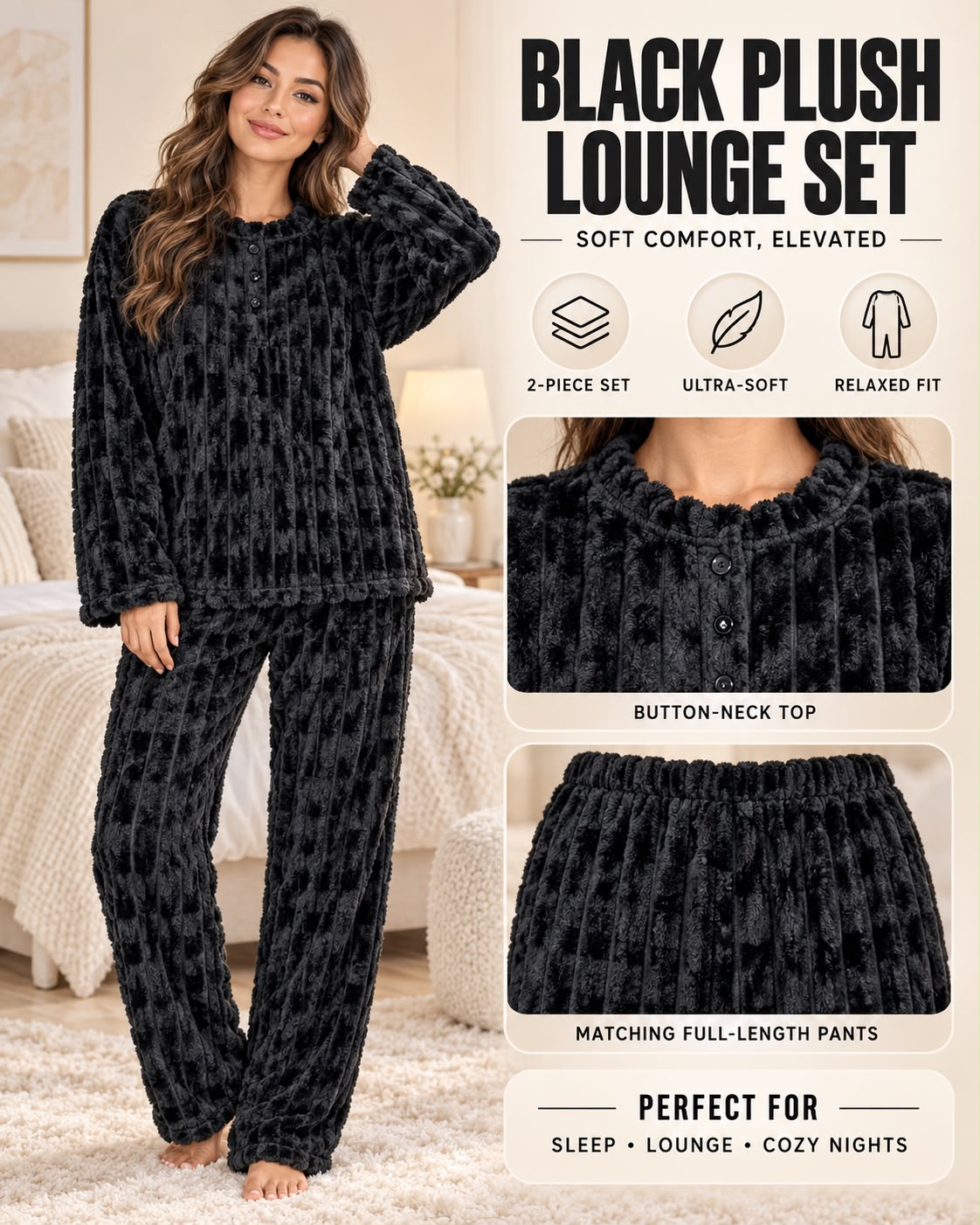 two-piece black plush lounge set