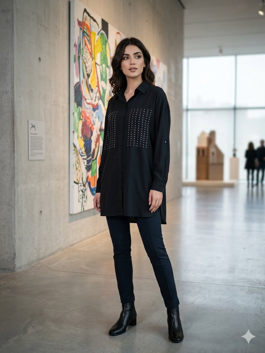 Black button-down tunic-style chemise