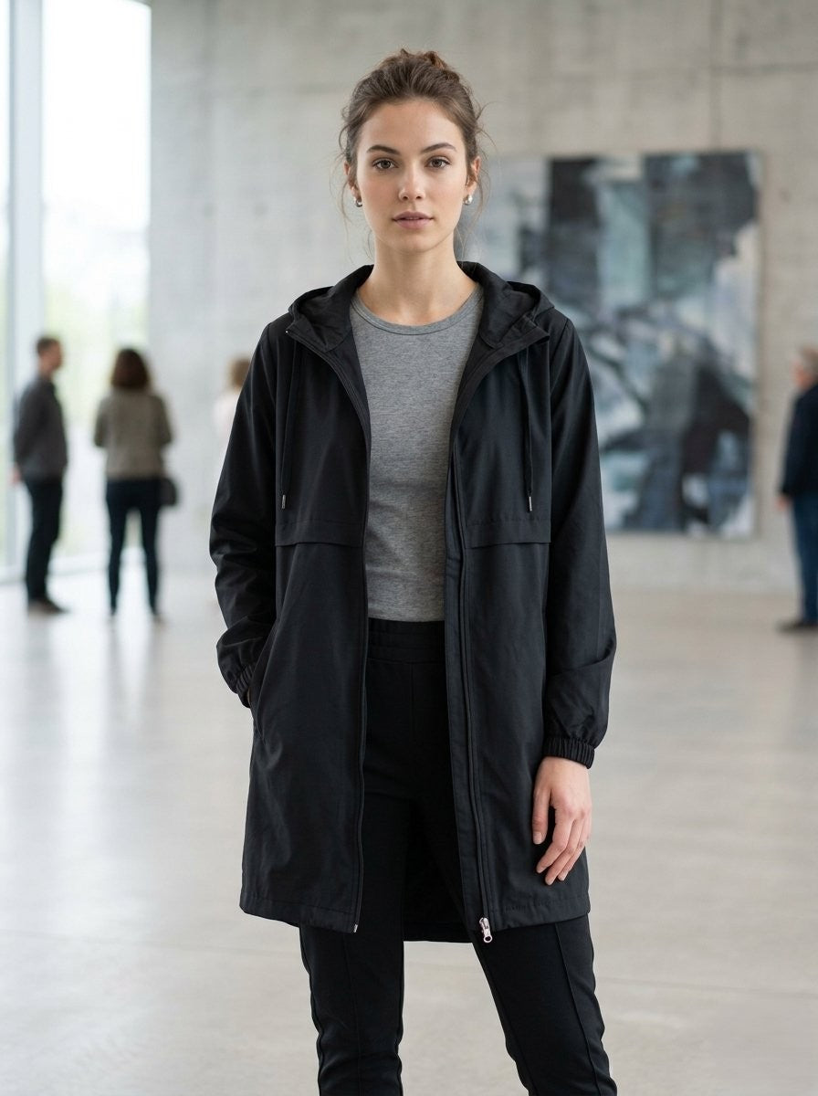 Minimalist black mid-length windbreaker jacket