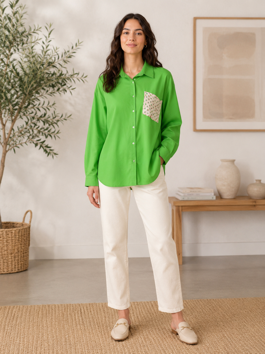 Vibrant, apple-green button-down chemise